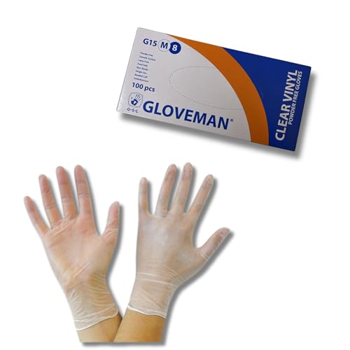 NEXCARZE Guantes de vinilo transparente, medianos, sin polvo, sin látex, guantes desechables, seguros para uso médico y alimentario, antideslizantes, multiusos, fuertes, caja de 100, para el hogar,