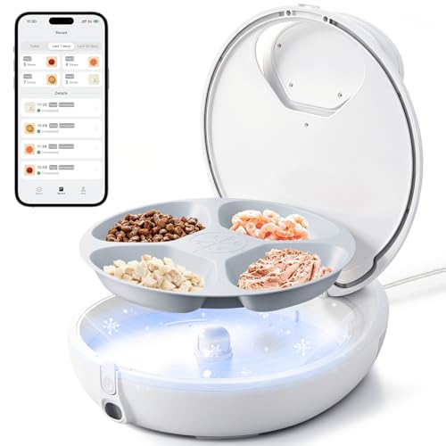 Futterautomat Katze Nassfutter Frisch für 4 Tage Intelligenter automatischer Katzenfutterspender mit dualer Halbleiter-Kühl- und Heizfunktion multifunktionaler App Infrarot-Sensorik