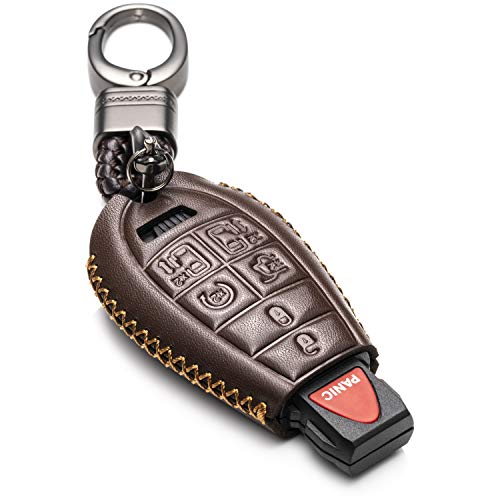 Vitodeco Genuine Leather Smart Key Fob Case Cover Protector With Leather Key Chain For 2013-2019 Dodge Grand Caravan (7-Button, Brown)