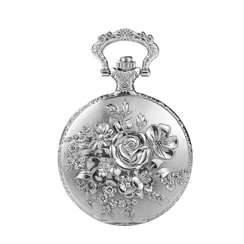 BOSHIYA Retro Flower Openwork Cover Quartz Pocket Watch with Chain Half Hunter Pocket Watches for Women with Box, for Mother’s Day