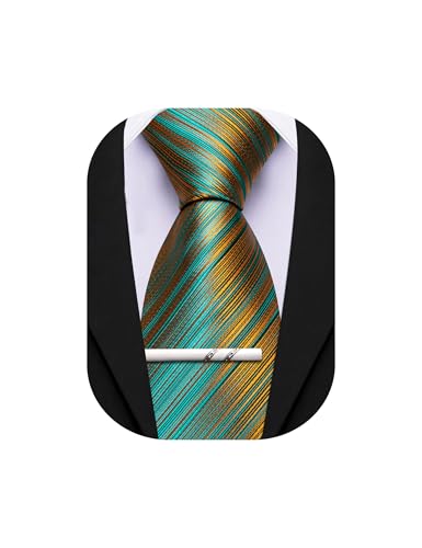 Image of Barry.Wang Silk Men Ties Formal Stripes Necktie and Tie Clip for Wedding Party Business Fashion Classic