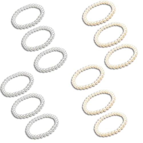 12PCS 6mm Elastic Pearl Bracelets for Women, Bracelets for Womens Pearls, Faux Pearls Bracelet Set, for Lady Prom Party Pearl Jewellery Gift (White and Off-White)