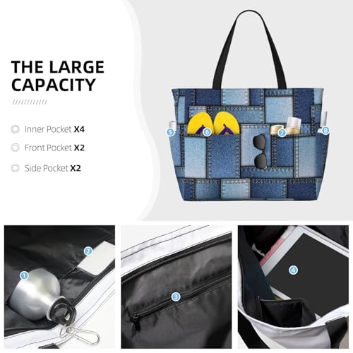 Beach Bags with Zipper for Women, Patchwork Denim Vintage Waterproof Beach Tote Pool Bags Towel Bag 7 Pockets Extra Large Gym Sandproof Tote Carry On Bag for Holiday Travel3