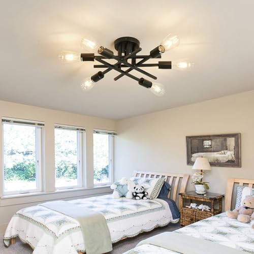Image of ASGYISA 6-Lights Semi Flush Mount Ceiling Light Fixture 2-Pack Black Vintage Matte Sputnik Chandelier Ceiling Lamp for Farmhouse Dining Room Living Room Bedroom Kitchen Entryway