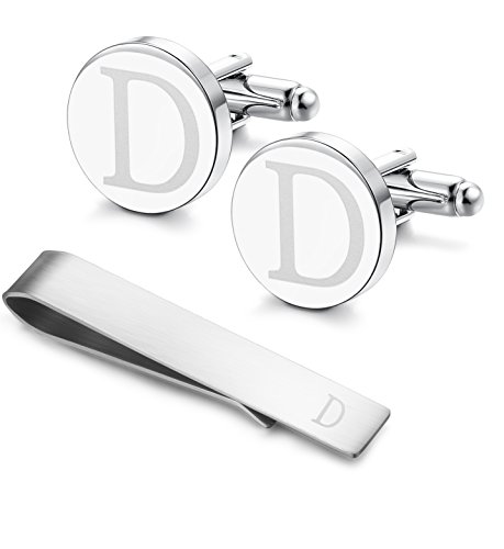LOYALLOOK Classic Engraved Initial Cufflinks and Tie Clip Bar Set Alphabet Letter Formal Business Wedding Shirts D