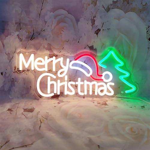 Image of Merry Christmas Neon Signs for Wall Decor, Christmas Hat & Tree Neon Signs, Led Lighted Signs for Home, Living Room, Bedroom, Happy Party & Bar Decoration, 16.9 inch x 7.5 inch