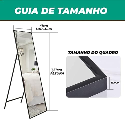 POLO CULTURE Espelho Quadrado Chão Suporte e Parede Corpo Inteiro Metal 1,50x39 Luxo Preto