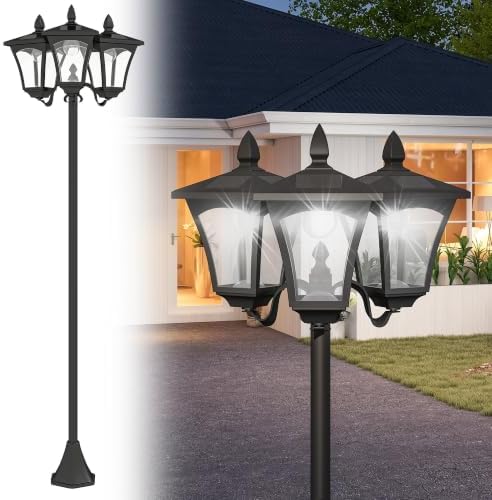 Outsunny 72" Solar Lamp Post Light Triple-Head Waterproof, Black