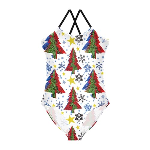 Christmas Tree Snowflakes Toddler One Piece Swimsuit Girl, Quick Dry Crossback Kids Swimsuits for Girls for Beach 3T