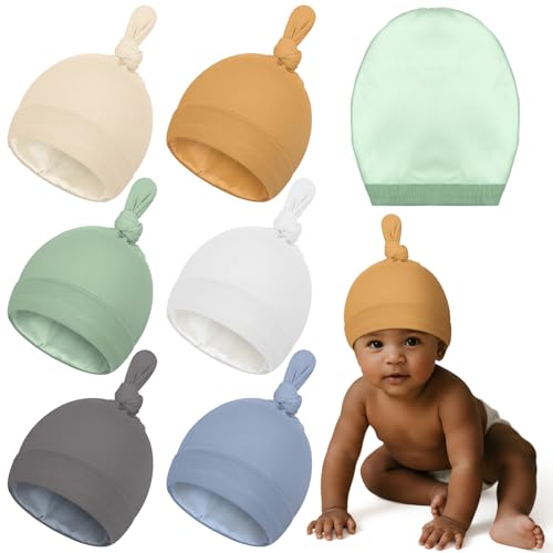 Image of Shihanee 6 Pcs Satin Lined Baby Newborn Hats Beanie Hats Soft Silk Satin Bonnet Infant Toddler Cap for 0-6 Months Girls Boys