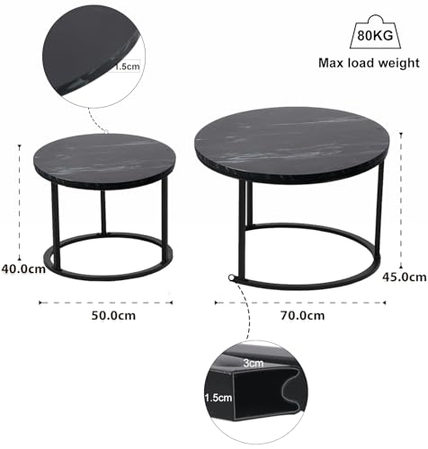BIGTREE Couchtisch Rund, Wohnzimmertisch Modern, Satztisch 2er Set, Größe: 70x70x45cm, 50 x50x40cm, Beistelltisch Set aus Holz mit Metallgestell für Wohnzimmer Balkon Büro (Schwarz)