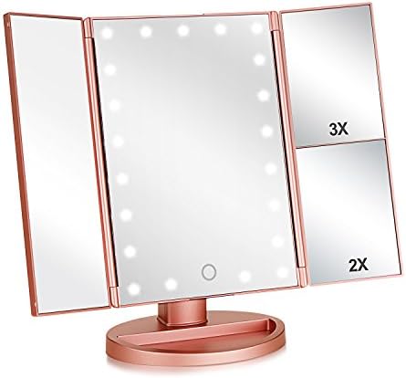Flymiro Tri-fold Lighted Vanity Makeup Mirror with 3x/2x Magnification,21 LEDs Light and Touch Screen,180 Degree Free Rotation Countertop Cosmetic Mirror,Travel Makeup Mirror (Rose Gold)