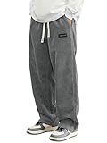 Hidkat Mens Corduroy Casual Pants Fashion Loose Fit Wide Leg Pants Straight Sweatpants Elastic Waist Drawstring Grey