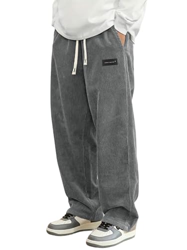 Image of Hidkat Mens Corduroy Casual Pants Fashion Loose Fit Wide Leg Pants Straight Sweatpants Elastic Waist Drawstring