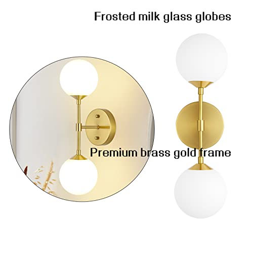 Bathroom Vanity Lights, Brass Gold Bathroom Light Fixtures Set Of 2, Mid Century Modern Globe Wall Sconces Bathroom Lights, Dimmable Wall Light Sconces Wall Lighting With Frosted Milk Glass, G9 Base #TOP6
