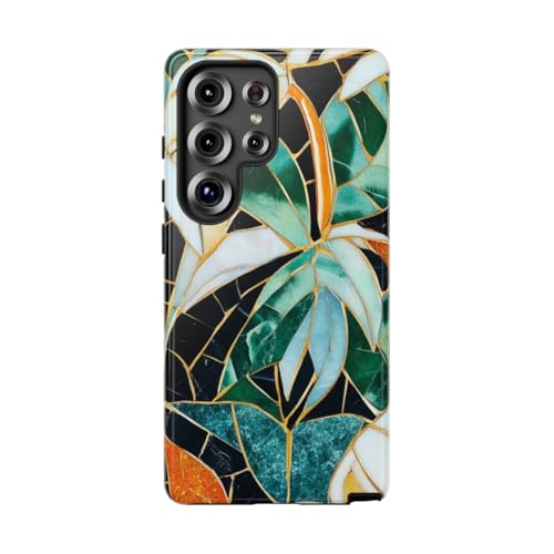 Art mosaïque feuille tropicale : coque rigide brillante Samsung S25 Ultra
