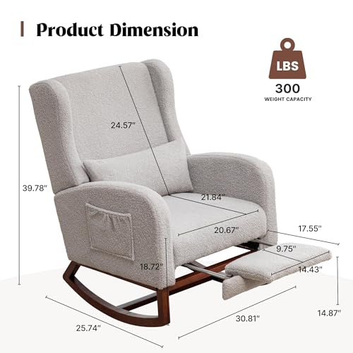 Image of HCHAIRH Rocking Chair Nursery with Foot Rest, Wingback Nursery Rocking Chairs, Grey Teddy Nursing Glider Rocker Chair with Pillow and High Back for Nursery, Living Room, Bedroom