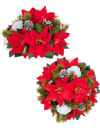 BLOSMON Poinsettias Artificial Christmas Flowers: 2 Pcs Red Fake Floral Ball Centerpieces for Tables Decorations Silk Faux Poinsettia Winter Holiday Flower Arrangement Xmas Plant Ornaments Decor