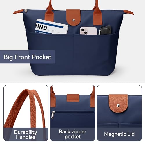 Image of Tote Bag for Women, Casual Hobo Bag Vegan Leather Top-Handle Purse Foldable Shoulder Nylon Zipper Handbag