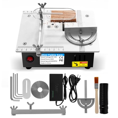 Scie Sur Table 96W, Mini Scie Circulair Sur Table 5000 Tr/Min Angle Réglable Profondeur de Coupe 15mm, 7 Vitesses Réglables,4 Lames, Lame De Coupe Multi-Matériaux Coupe Bois Métal Plastique (A)