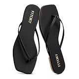 FITORY Womens Flip Flops, Square Open Toe Leather Thong Sandals, Comfortable and Dressy Flat Slides on Summer 2026 for Casual Walking Black Size 8