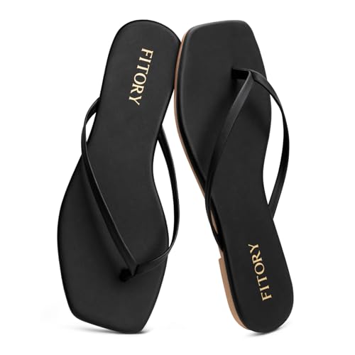 FITORY Women's Square Toe Flip Flops Comfortable Flat Thong Sandals | Memory Foam Insole,Casual Dressy Slides,Durable Non-slip Outsole,Vegan Leather,Summer Beach Indoor Outdoor Wear