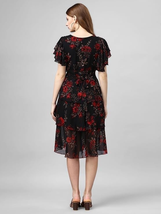 Image of Women Layered Georgette Fit & Flare Midi Dress | Round Neck Flutter Sleeve Knee Length Dress | Tiered Party Dress for Women Evening and Casual Styling
