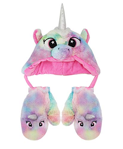 Kids Girls Cute Rainbow Unicorn Beanie Winter Hat and Glove Set Tie Dye Fuzzy Fur Earflap Cap Mitten Set2