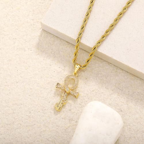 JINAO Ankh Cross Necklace for Men 14K Gold Plated - Snake Coiled Egyptian Symbol Cross Pendant with 5A Cubic Zirconia, 24" Rope Chain Men’s Jewelry4