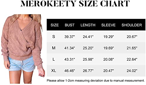 Merokeety Womens Knit Deep V-Neck Long Sleeve Wrap Front Loose Pullover Sweater White Medium #TOP5