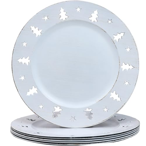 Spsyrine Christmas Tree White Charger Plates, 13 Inch Set of 6 Chargers for Dinner Plates, Parties, Holiday Table Setting, HB9W
