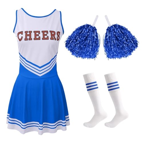 WENYAZIGUO Costume de pom-pom girl, Uniforme de pom-pom girl avec chaussettes pompons imprimés lettres multicolores plusieurs tailles 5 pièces(Blue,M)