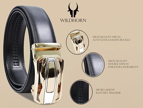 Image of WildHorn Men's Leather Belt Gift Set | Genuine Leather belt Strap with 2 Interchangeable Buckles | Formal & Casual Wear Adjustable Belt | Automatic lock leather belt for men