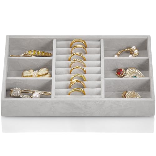 Vlando 6 Grids & Rings Slot Jewelry Tray, Small Drawer Jewelry Organizer, Stackable Organizer Trays - Grey Grey 6 Grids