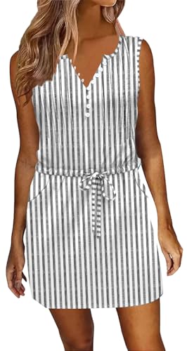 Image of Womens Summer Casual Dresses Drawstring Waist Short Dress with Pockets
