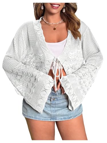 Image of Floerns Women's Plus Size V Neck Long Flounce Sleeve Tie Front Knit Crop Cardigan