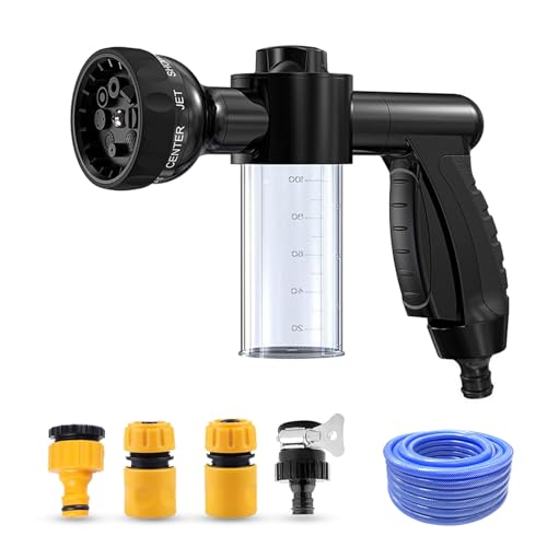 Dickno Car Wash Nozzle, High Pressure Water Garden Hose Nozzle with 8 Watering Patterns, Foam Sprayer with Soap Dispenser Bottle for Car Washing, Watering Plant (Black-Set & 32.8Ft Water Pipe)