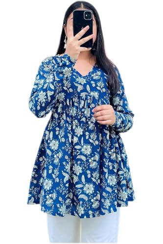 Image of Women's Floral Print Reyon Peplum Top - Casual Loose Fit 3 /4 Sleeve Tunic top, Stylish V-Neck Flared Kurti, Comfortable Everyday Wear