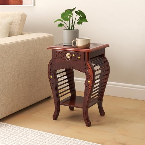 Image of Multipurpose Table Outdoor Indoor Stool Flower Vase Stool with One Drawer Material Mango Wood Size 30.5CM x 30.5CM x 53.3CM