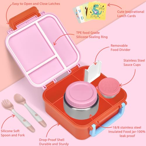 Image of Kids Bento Lunch Box with 9oz Soup Thermo Leakproof Lunch Food Containers 4 Compartment with Insulated Hot Food Jar for Kid Toddler Girls Boys to School, Trvael