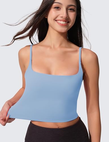 Image of Womens Scoop Neck Longline Sports Bra U Back Adjustable Strap Double Lined Workout Crop Tank Top with Built in Pads
