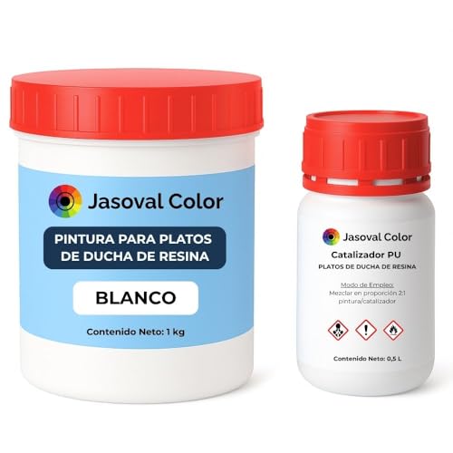 Jasoval Color Pintura Plato Ducha Resina Antideslizante Blanco, Kit Reparacion Plato Ducha Resina, Pintura Antideslizante (1 kg Poliuretano + 0,5 L Catalizador)