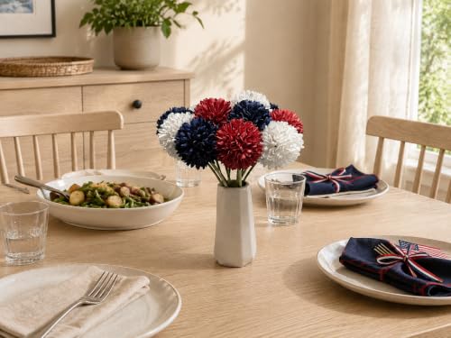 Image of Mandy's 12pcs Artificial Red White Blue Ball Chrysanthemum Flowers