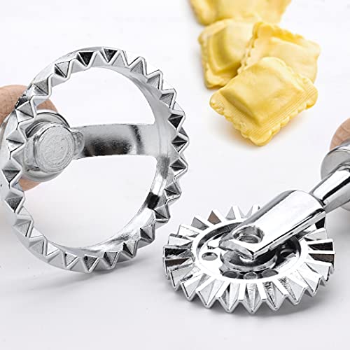 Foto von Ravioli Ausstecher Former 5er Set,4 Ravioli-Former mit Holzgriff und Pizza-Teiler, Quadratische Runde Ravioli Hersteller Rad Herz Maker Form Raviolischneider für Ravioli,Pasta, Knödel Werkzeug