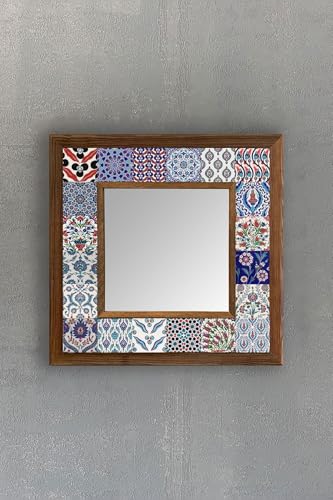 Oscar Stone Decor Ahşap Çerçeveli Mozaik Doğaltaş Ayna 33 Cm X 33 Cm Iznik Desen Ayn-011