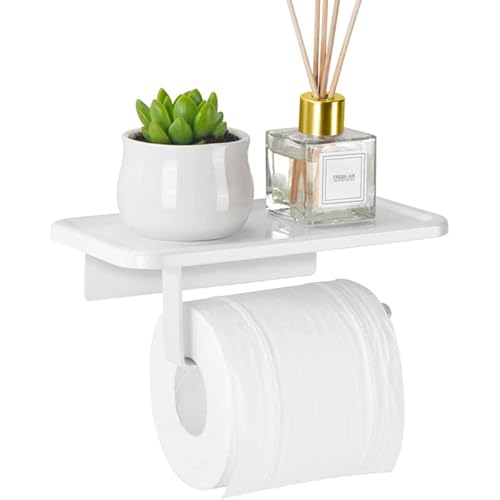 Porte-rouleau de papier toilette avec étagère, fixation murale adhésive ou vis en aluminium pour salle de bain (blanc)