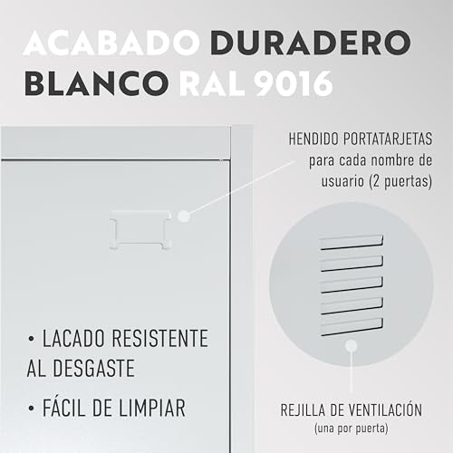 BRINDEK Taquilla Vestuario metálica 2 Puertas Blanca RAL 9016-185x38x45 cm con Cerradura, balda y Barra Interior - Incluye Llave | Armario metálico Estrecho Garaje Oficina Locker - imagen 8