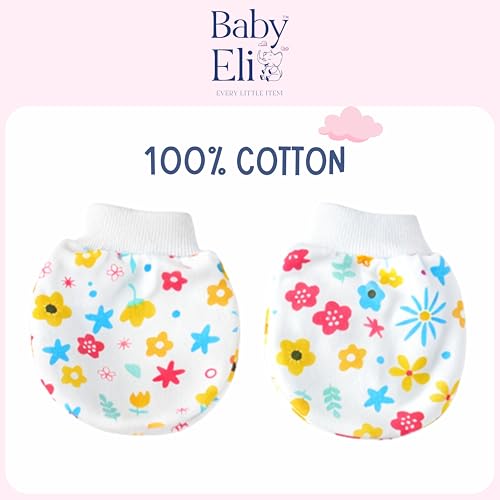 Image of Baby Eli Cotton Newborn Mittens (Picot Wrist) Set of 6 for Baby Boys & Girls 0-6 Months | Soft and Cozy Unisex Infant Gloves | Assorted Baby Hand Gloves | Adjustable Scratch Protection