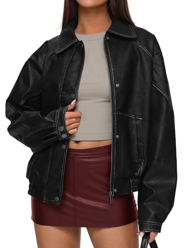 PRETTYGARDEN Faux Leather Jacket Women Bomber Motorcycle Zip Up Jackets Oversized Fall Fashion Outfits 2025 Winter Coats
