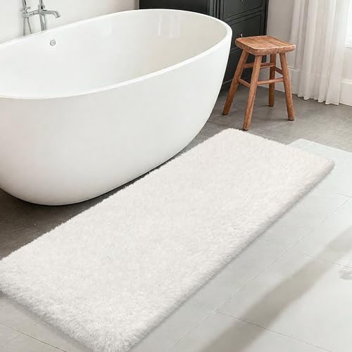 MondayRug Bathroom Runner Rug 60"x24", Non Slip Fluffy Long Bath Mat, White